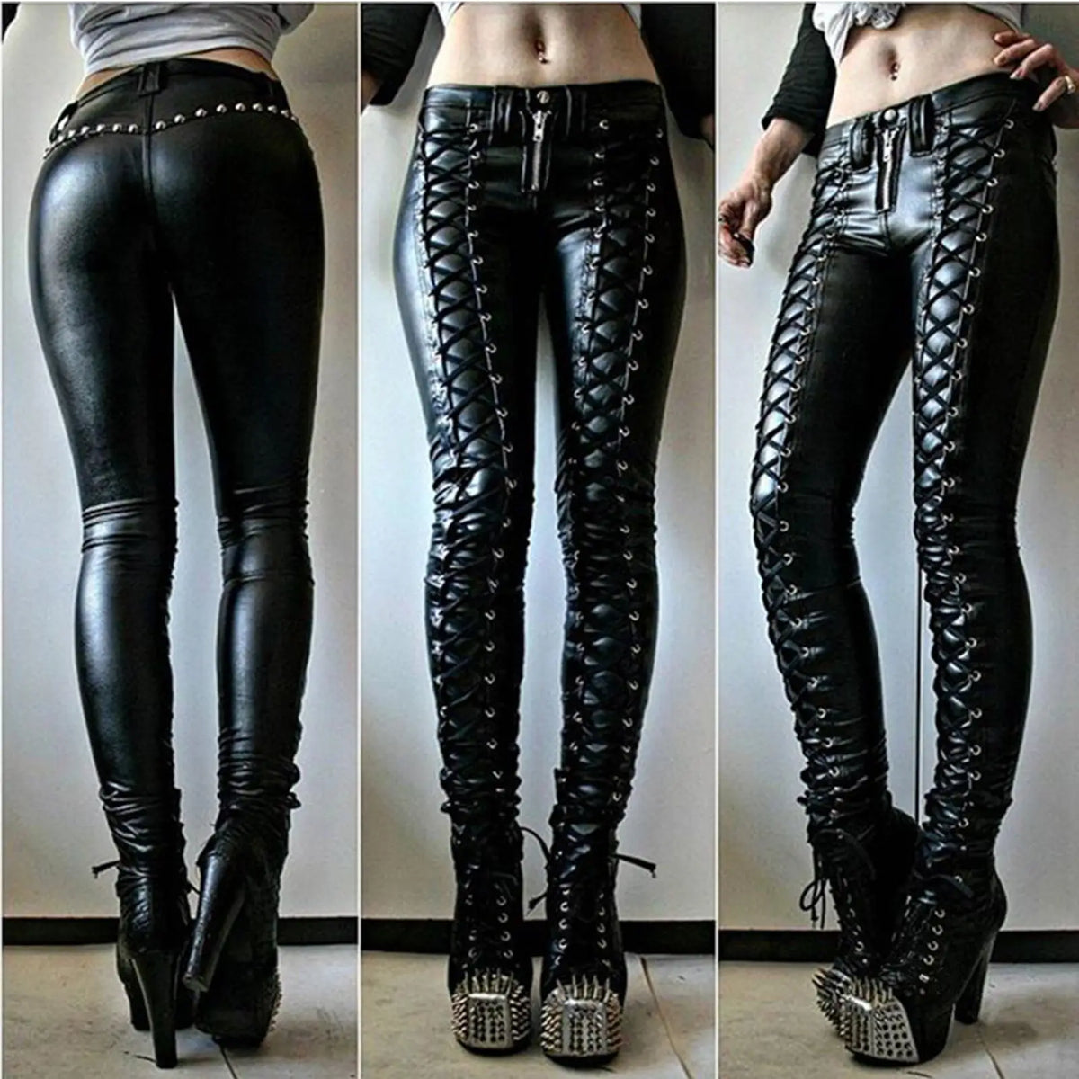 Pantalon Steampunk Femme Faux Cuir | Cosplay Carnaval | Slim Boutons | Legging Taille Haute | Mode