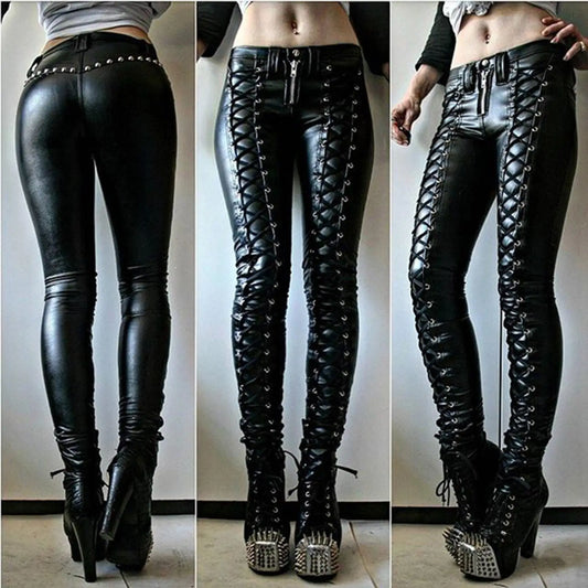 Pantalon Steampunk Femme Faux Cuir | Cosplay Carnaval | Slim Boutons | Legging Taille Haute | Mode