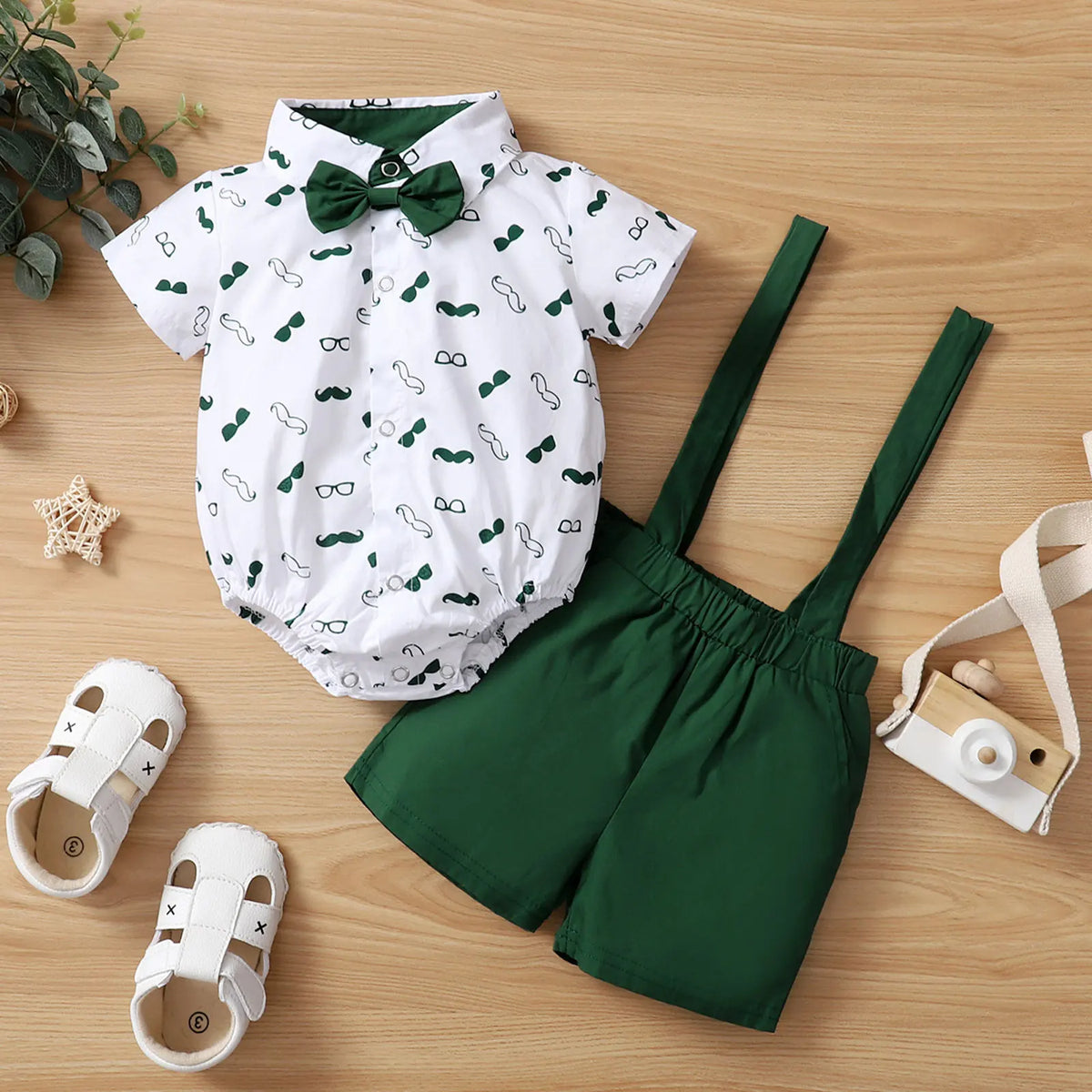 Baby Boys Clothes Set, Beard Print Short Sleeve Lapel Neck Shirt + Solid Color Suspender Shorts
