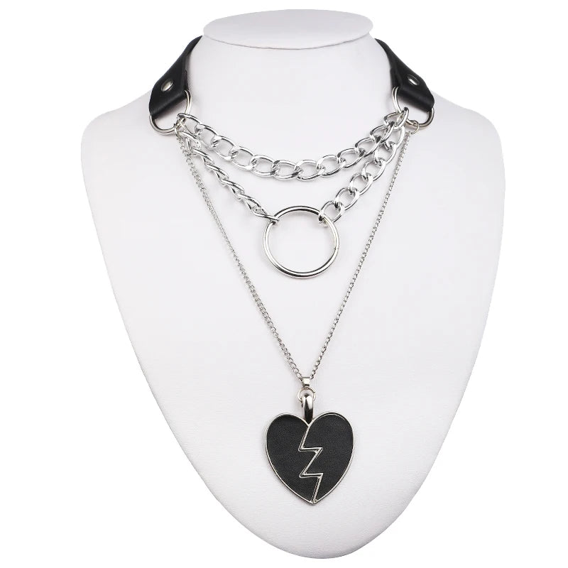 Layered Chain Necklace Punk Choker Collar Goth Pendant Necklace Women Black Leather Emo Gothic Jewelry