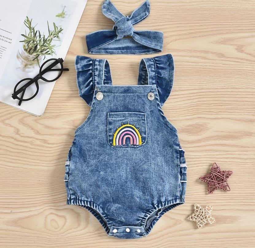 New Fashion Baby Girls Bodysuits Girls Summer Creative Rainbow Embroidery Fly Sleeve Lace Denim Romper Headwear Set