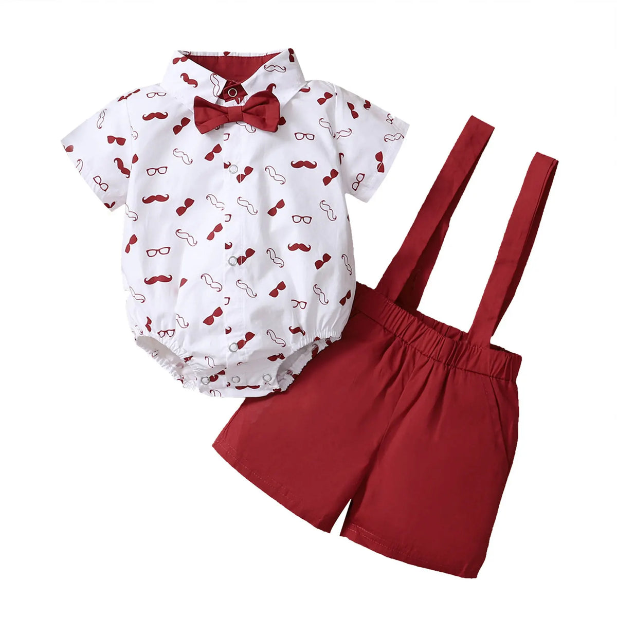 Baby Boys Clothes Set, Beard Print Short Sleeve Lapel Neck Shirt + Solid Color Suspender Shorts