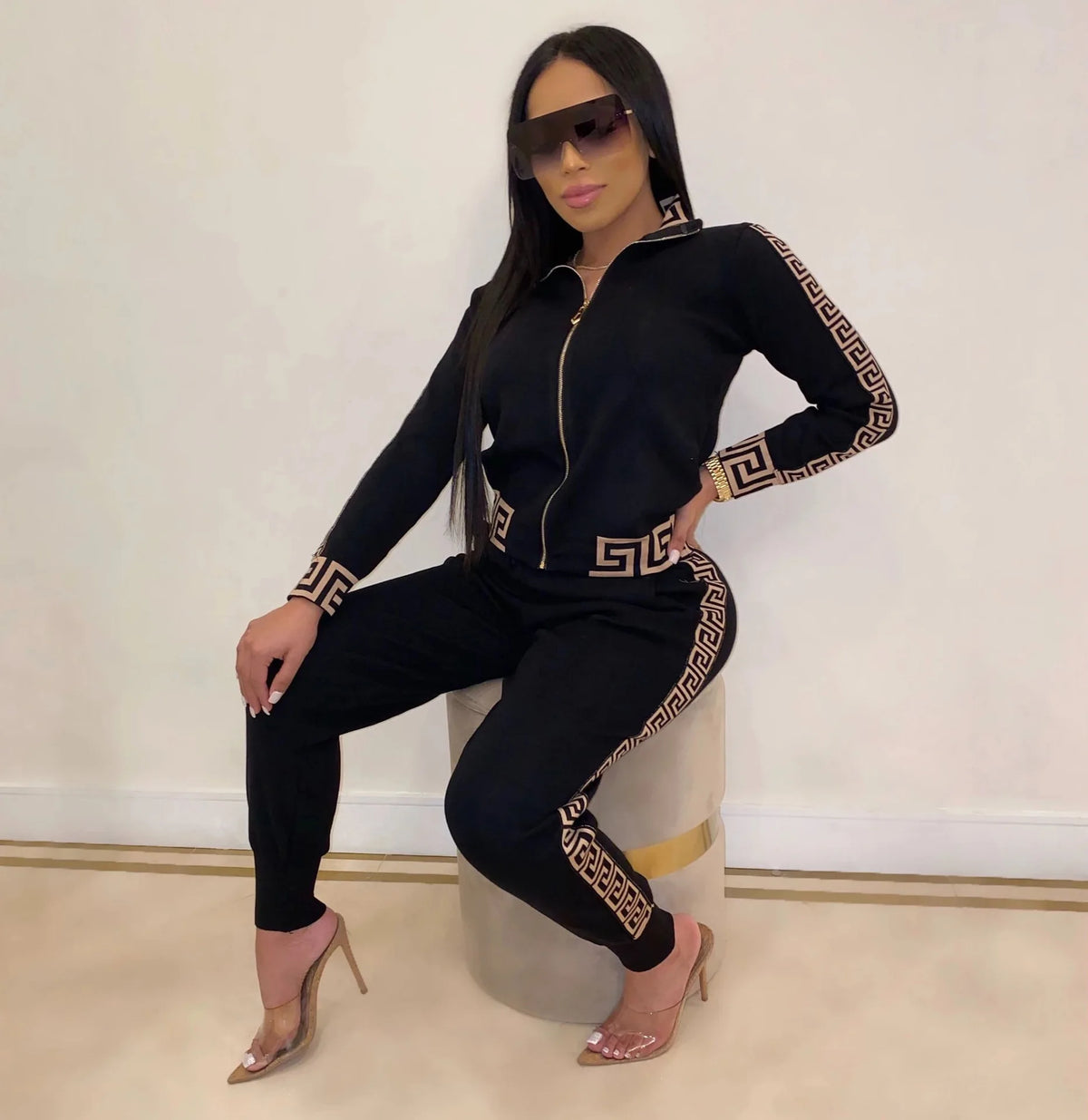 Jogging Femme Y2k 2025 | Ensemble 2 Pièces Élégant | Imprimé Grec | Veste Zippée & Pantalon | Grande Taille