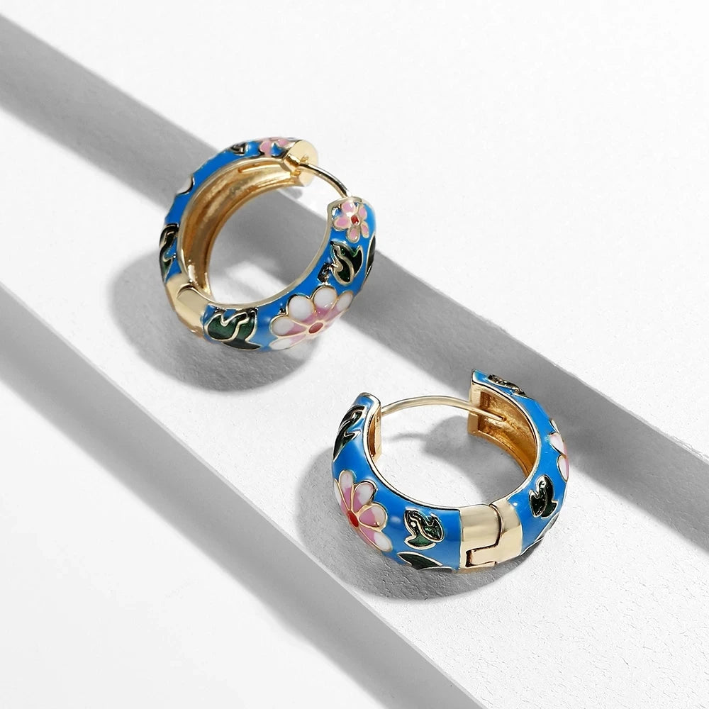 Boucles Créoles Fleur Émail Élégantes | Huggie Vintage Bohème | Petites Cercles | Bijou Femme Cadeau