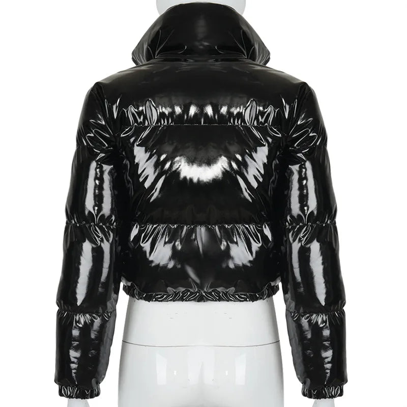 New Crop Bubble Puffer Winter Jacket Coats Faux Patent Leather Warm Long Sleeve Women Outerwear Zipper Casual Solid Parkas
