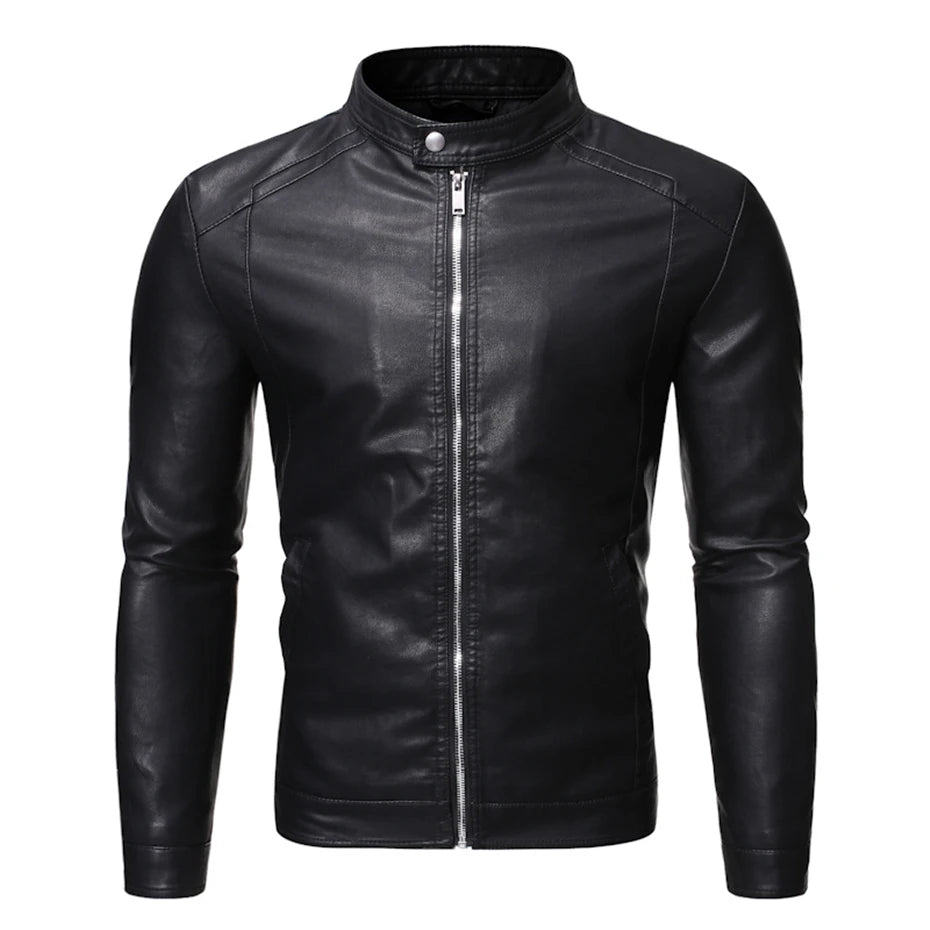 Veste motard noire en similicuir PU pour homme | Col montant