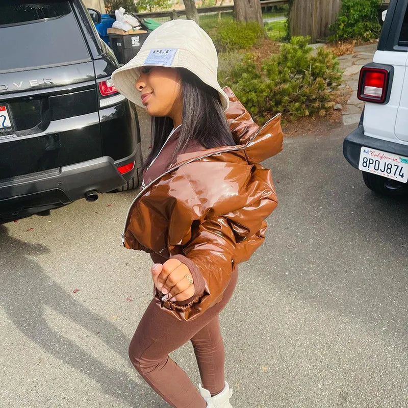New Crop Bubble Puffer Winter Jacket Coats Faux Patent Leather Warm Long Sleeve Women Outerwear Zipper Casual Solid Parkas