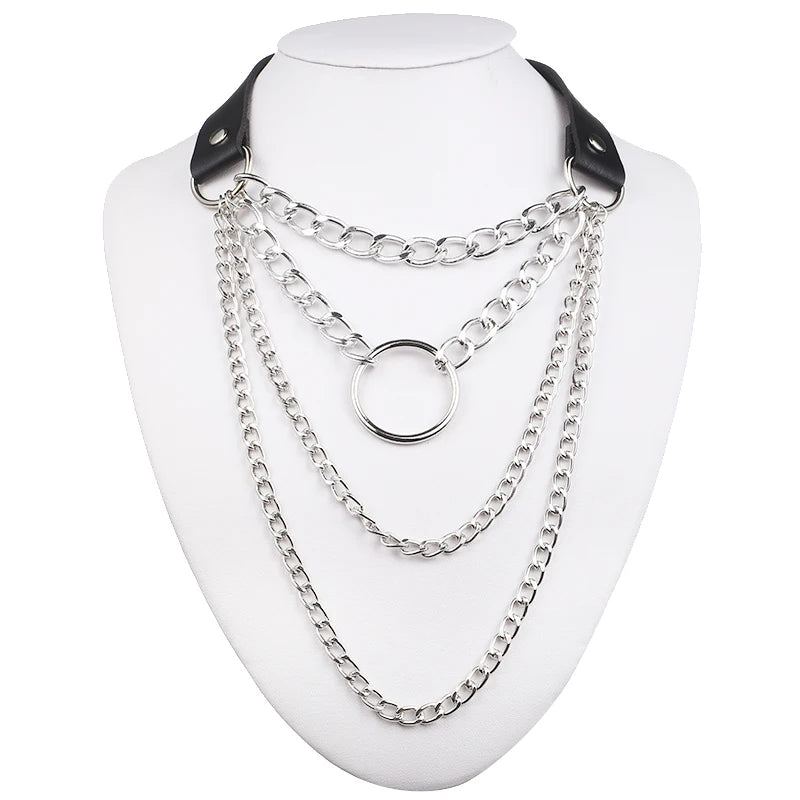 Layered Chain Necklace Punk Choker Collar Goth Pendant Necklace Women Black Leather Emo Gothic Jewelry