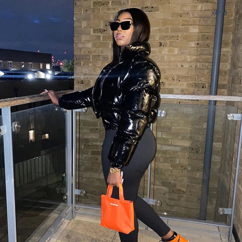 New Crop Bubble Puffer Winter Jacket Coats Faux Patent Leather Warm Long Sleeve Women Outerwear Zipper Casual Solid Parkas