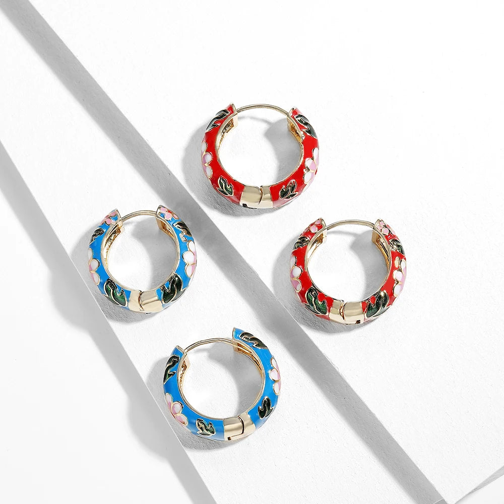 Boucles Créoles Fleur Émail Élégantes | Huggie Vintage Bohème | Petites Cercles | Bijou Femme Cadeau