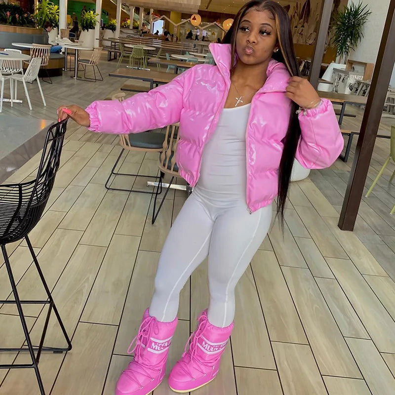 New Crop Bubble Puffer Winter Jacket Coats Faux Patent Leather Warm Long Sleeve Women Outerwear Zipper Casual Solid Parkas