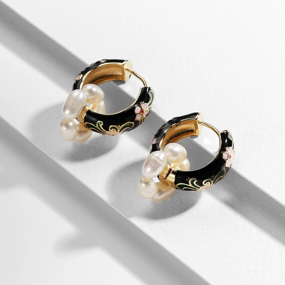 Boucles Créoles Fleur Émail Élégantes | Huggie Vintage Bohème | Petites Cercles | Bijou Femme Cadeau