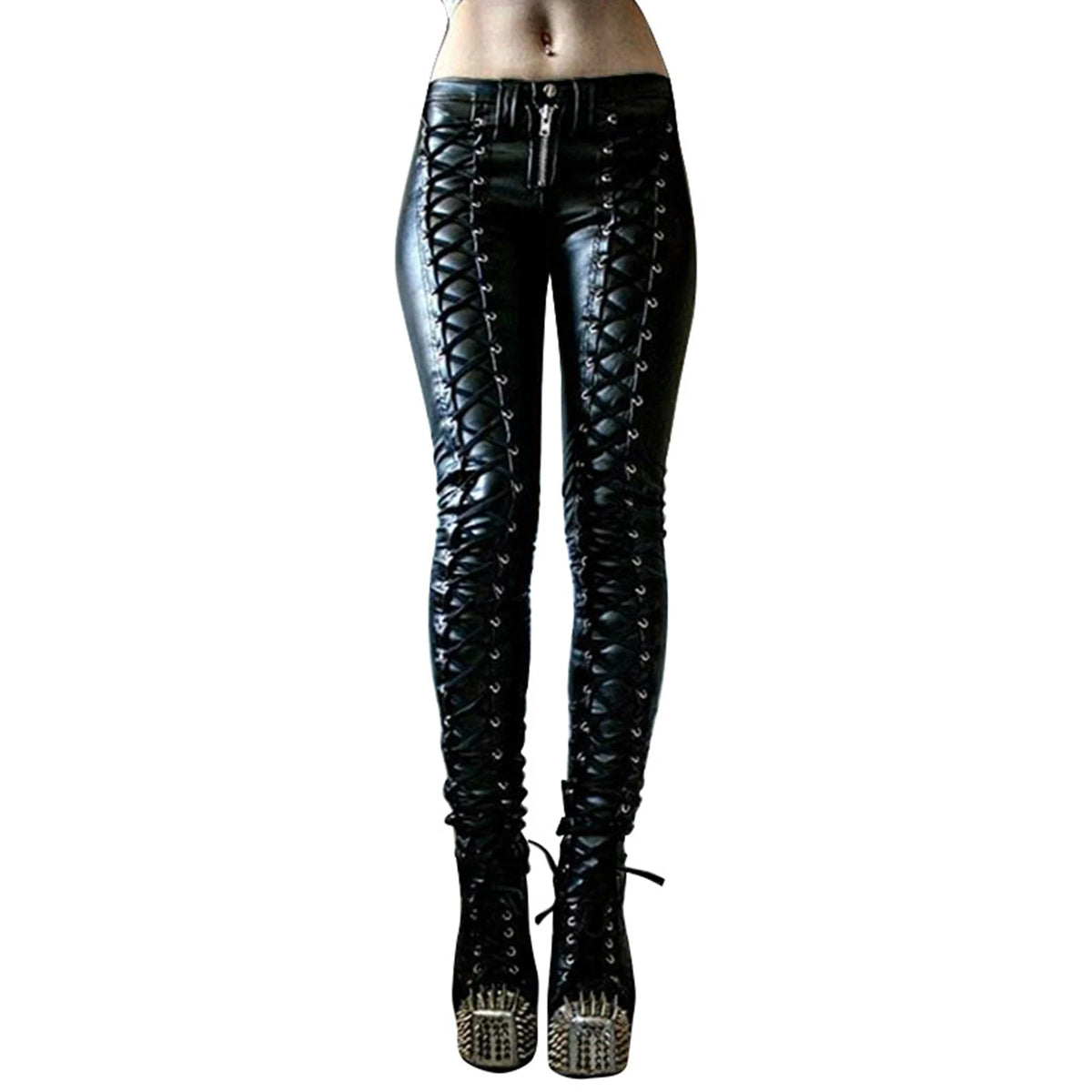 Pantalon Steampunk Femme Faux Cuir | Cosplay Carnaval | Slim Boutons | Legging Taille Haute | Mode