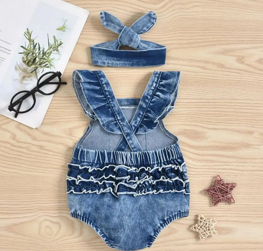 New Fashion Baby Girls Bodysuits Girls Summer Creative Rainbow Embroidery Fly Sleeve Lace Denim Romper Headwear Set
