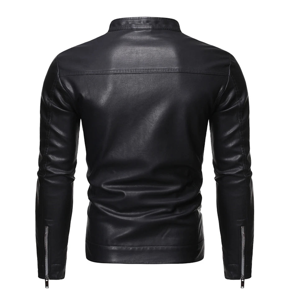 Veste motard noire en similicuir PU pour homme | Col montant