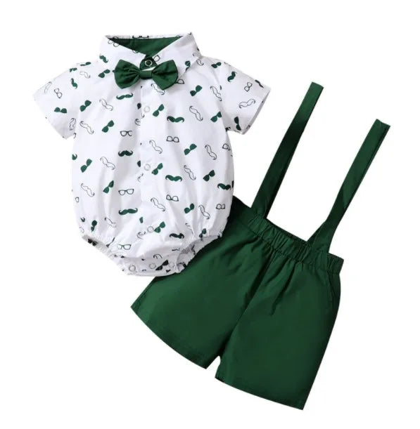 Baby Boys Clothes Set, Beard Print Short Sleeve Lapel Neck Shirt + Solid Color Suspender Shorts