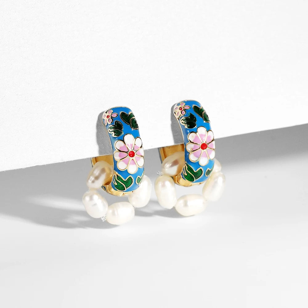 Boucles Créoles Fleur Émail Élégantes | Huggie Vintage Bohème | Petites Cercles | Bijou Femme Cadeau