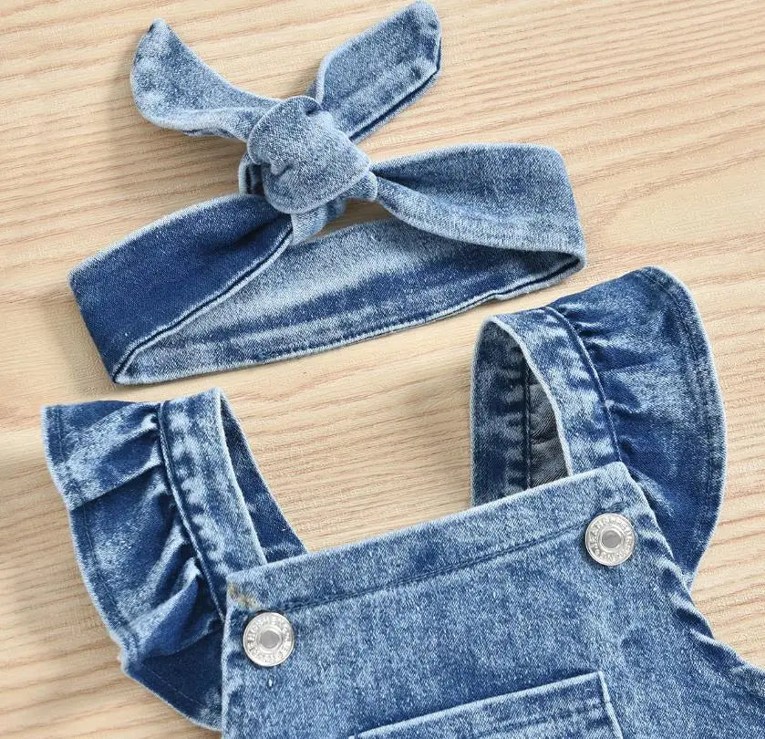 New Fashion Baby Girls Bodysuits Girls Summer Creative Rainbow Embroidery Fly Sleeve Lace Denim Romper Headwear Set