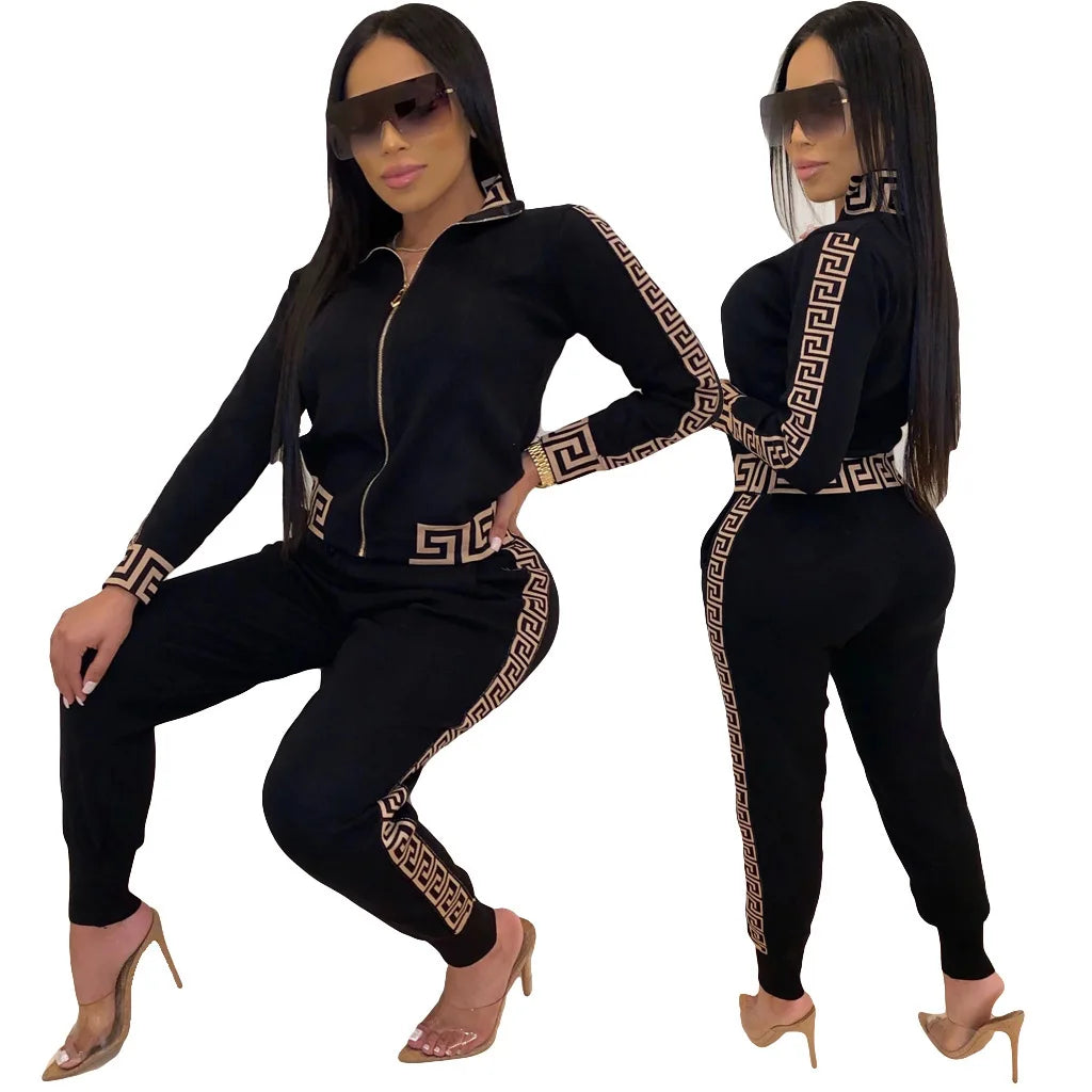 Jogging Femme Y2k 2025 | Ensemble 2 Pièces Élégant | Imprimé Grec | Veste Zippée & Pantalon | Grande Taille
