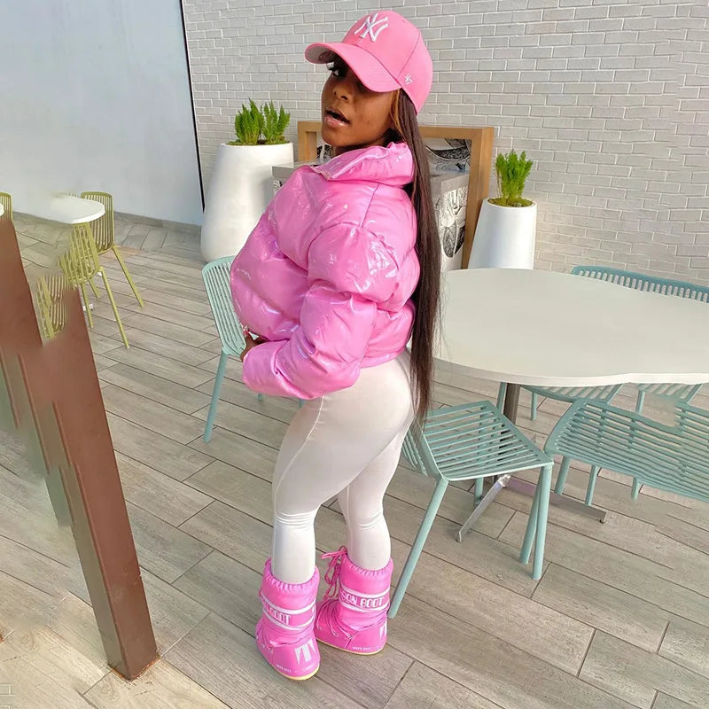 New Crop Bubble Puffer Winter Jacket Coats Faux Patent Leather Warm Long Sleeve Women Outerwear Zipper Casual Solid Parkas