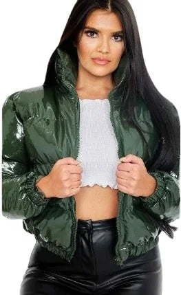 New Crop Bubble Puffer Winter Jacket Coats Faux Patent Leather Warm Long Sleeve Women Outerwear Zipper Casual Solid Parkas