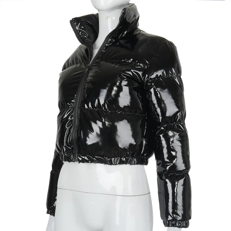 New Crop Bubble Puffer Winter Jacket Coats Faux Patent Leather Warm Long Sleeve Women Outerwear Zipper Casual Solid Parkas