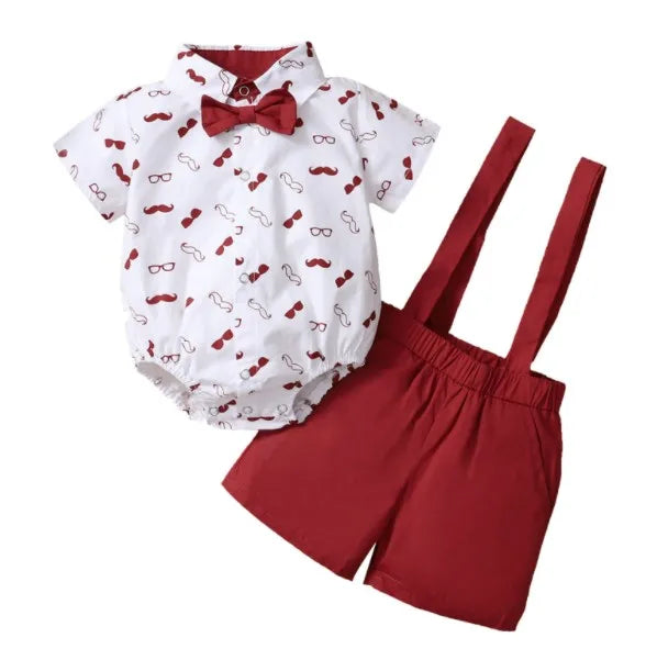 Baby Boys Clothes Set, Beard Print Short Sleeve Lapel Neck Shirt + Solid Color Suspender Shorts