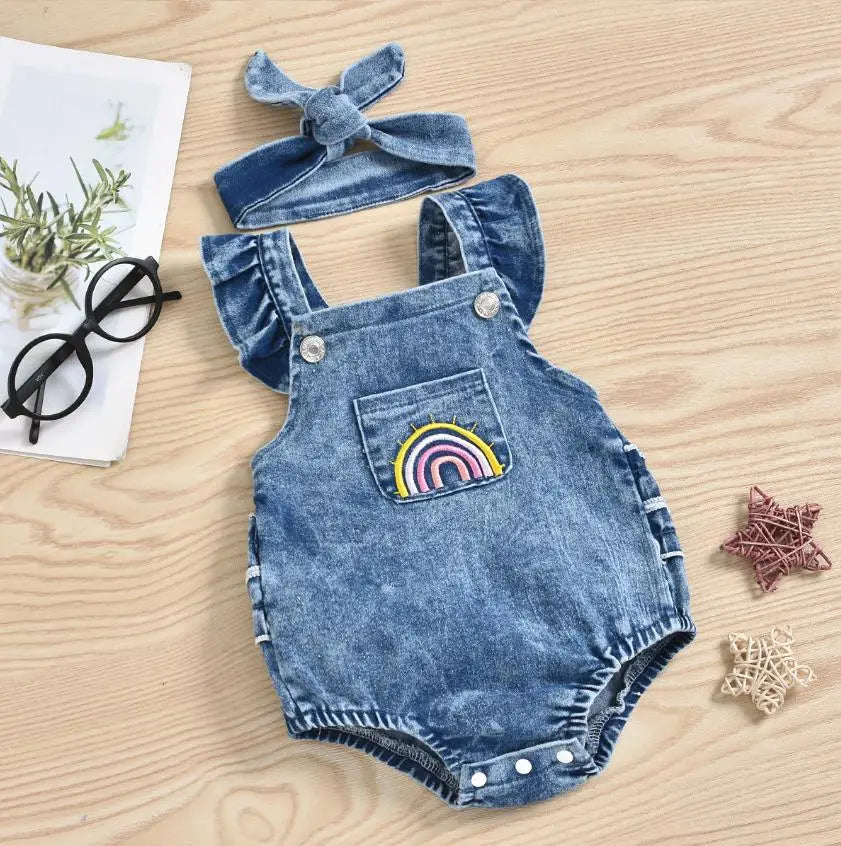 New Fashion Baby Girls Bodysuits Girls Summer Creative Rainbow Embroidery Fly Sleeve Lace Denim Romper Headwear Set