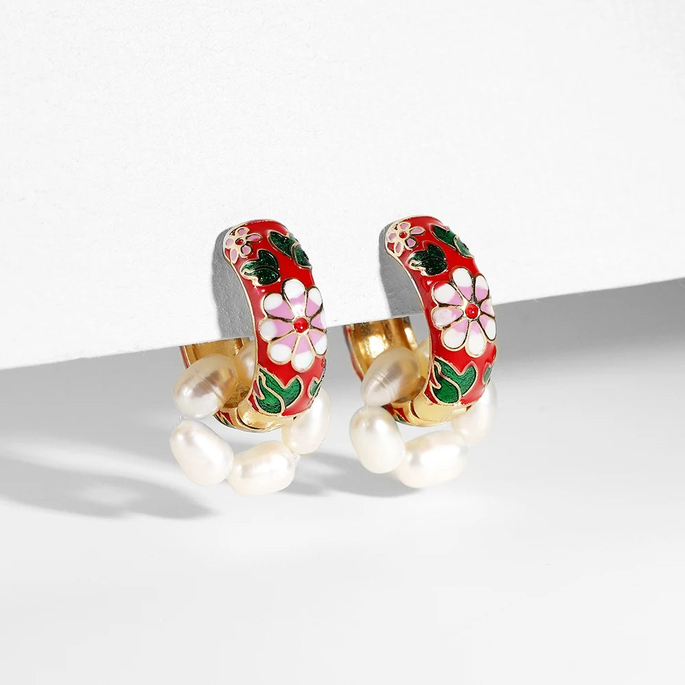 Boucles Créoles Fleur Émail Élégantes | Huggie Vintage Bohème | Petites Cercles | Bijou Femme Cadeau