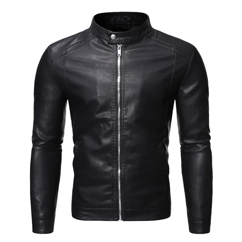 Veste motard noire en similicuir PU pour homme | Col montant