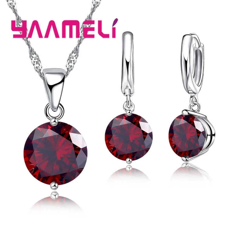 Parure Collier Pendentif & Huggies Argent 925 | CZ Autrichien Cristal | Mariage & Fiçailles | Femme Fille Cadeau