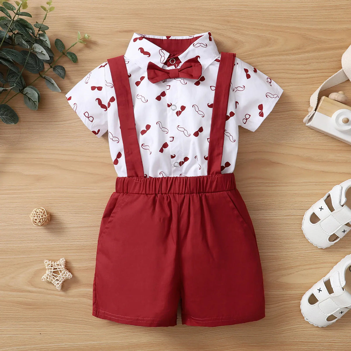 Baby Boys Clothes Set, Beard Print Short Sleeve Lapel Neck Shirt + Solid Color Suspender Shorts