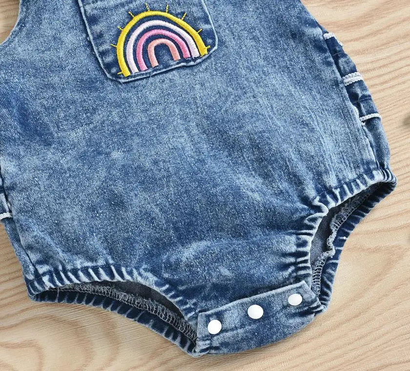 New Fashion Baby Girls Bodysuits Girls Summer Creative Rainbow Embroidery Fly Sleeve Lace Denim Romper Headwear Set