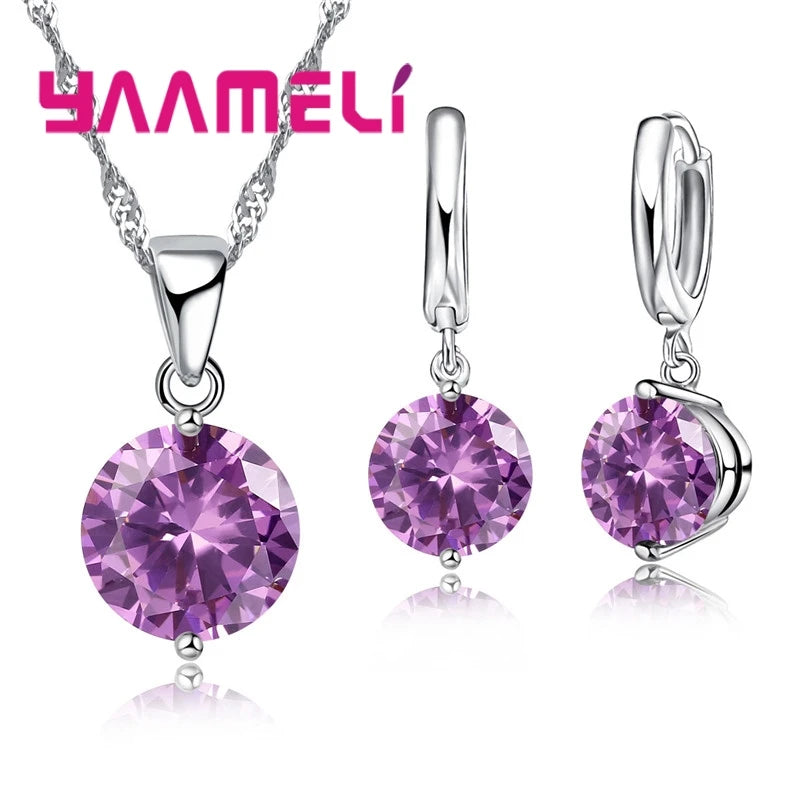 Parure Collier Pendentif & Huggies Argent 925 | CZ Autrichien Cristal | Mariage & Fiçailles | Femme Fille Cadeau