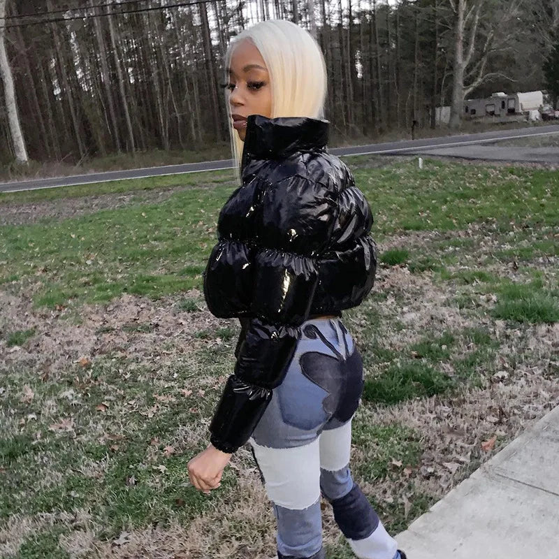 New Crop Bubble Puffer Winter Jacket Coats Faux Patent Leather Warm Long Sleeve Women Outerwear Zipper Casual Solid Parkas