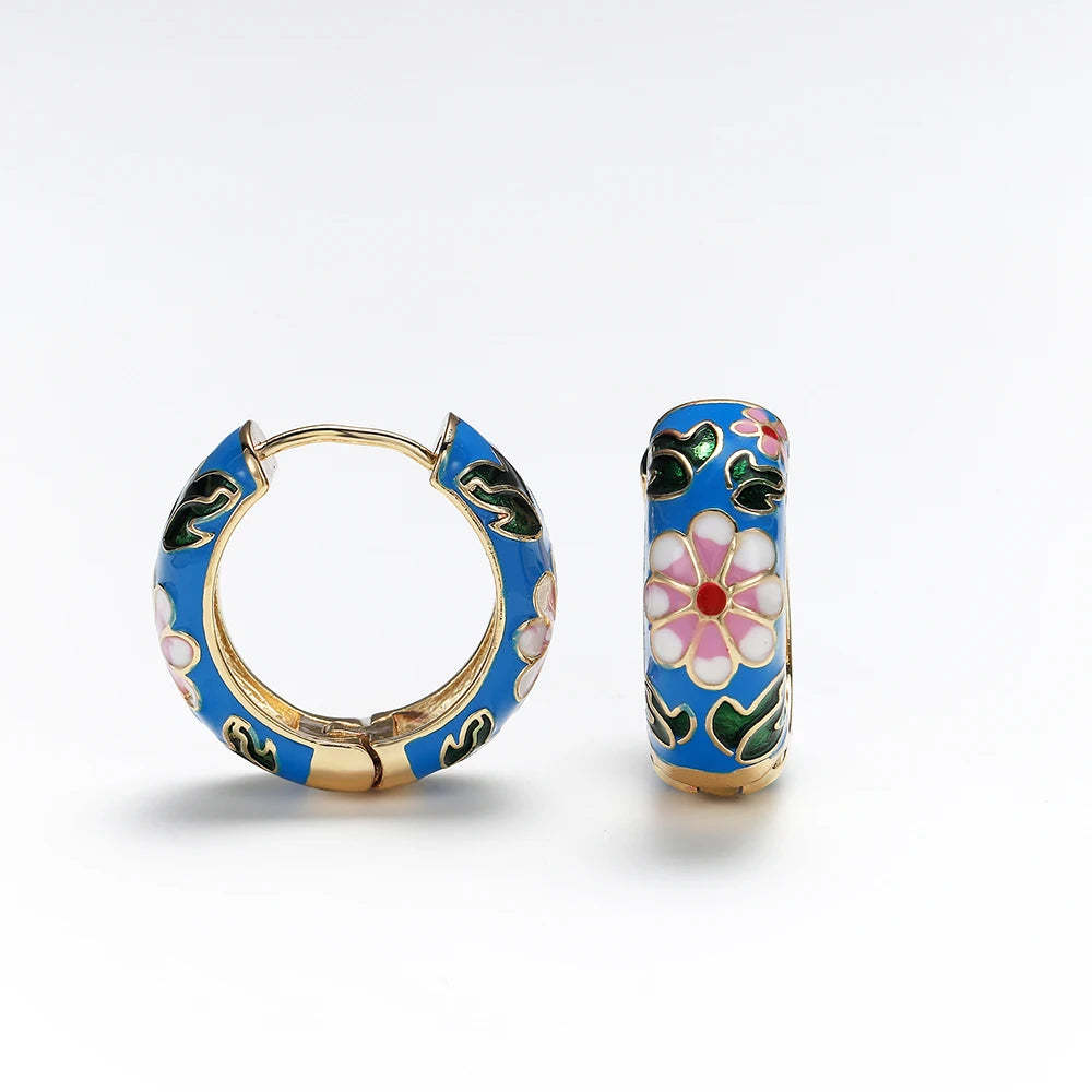 Boucles Créoles Fleur Émail Élégantes | Huggie Vintage Bohème | Petites Cercles | Bijou Femme Cadeau