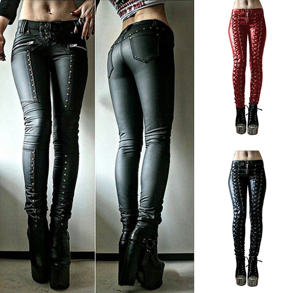 Pantalon Steampunk Femme Faux Cuir | Cosplay Carnaval | Slim Boutons | Legging Taille Haute | Mode