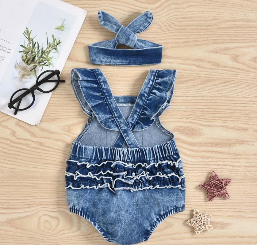 New Fashion Baby Girls Bodysuits Girls Summer Creative Rainbow Embroidery Fly Sleeve Lace Denim Romper Headwear Set