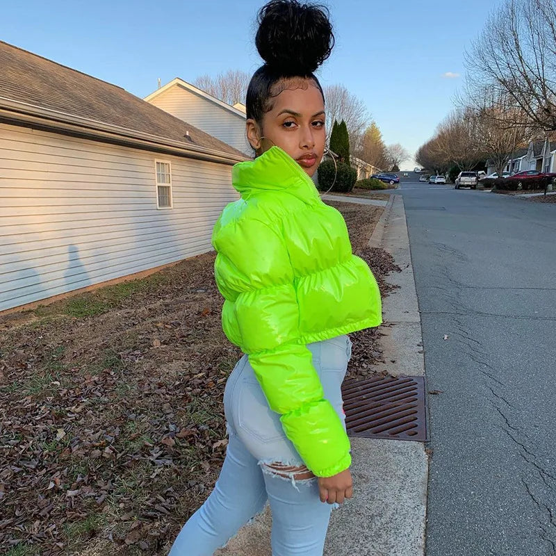 New Crop Bubble Puffer Winter Jacket Coats Faux Patent Leather Warm Long Sleeve Women Outerwear Zipper Casual Solid Parkas