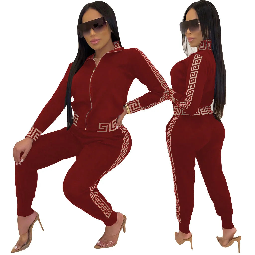 Jogging Femme Y2k 2025 | Ensemble 2 Pièces Élégant | Imprimé Grec | Veste Zippée & Pantalon | Grande Taille