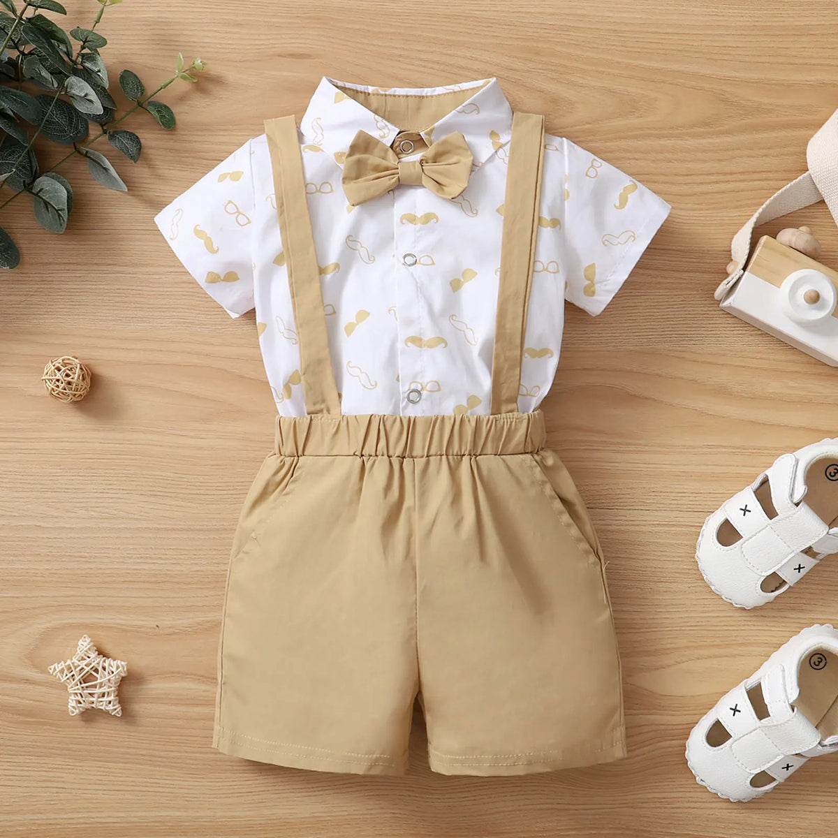 Baby Boys Clothes Set, Beard Print Short Sleeve Lapel Neck Shirt + Solid Color Suspender Shorts
