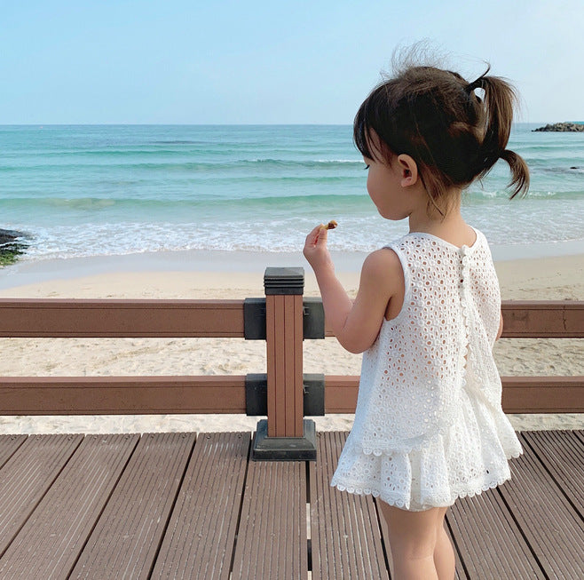 Girls Outfit Set 2026 Summer Clothing Sets Hollow Lace Suit Baby Casual Sleeveless T-shirt+Shorts Kids Clothes Sets Baby Clothes