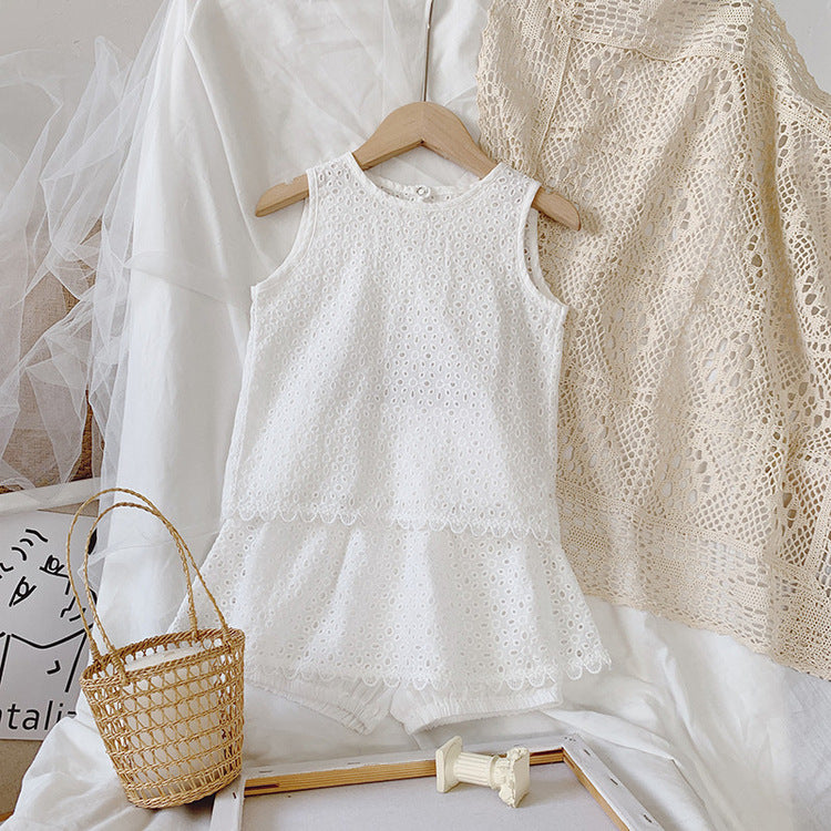 Girls Outfit Set 2026 Summer Clothing Sets Hollow Lace Suit Baby Casual Sleeveless T-shirt+Shorts Kids Clothes Sets Baby Clothes