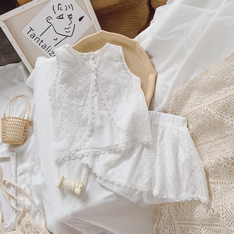 Girls Outfit Set 2026 Summer Clothing Sets Hollow Lace Suit Baby Casual Sleeveless T-shirt+Shorts Kids Clothes Sets Baby Clothes