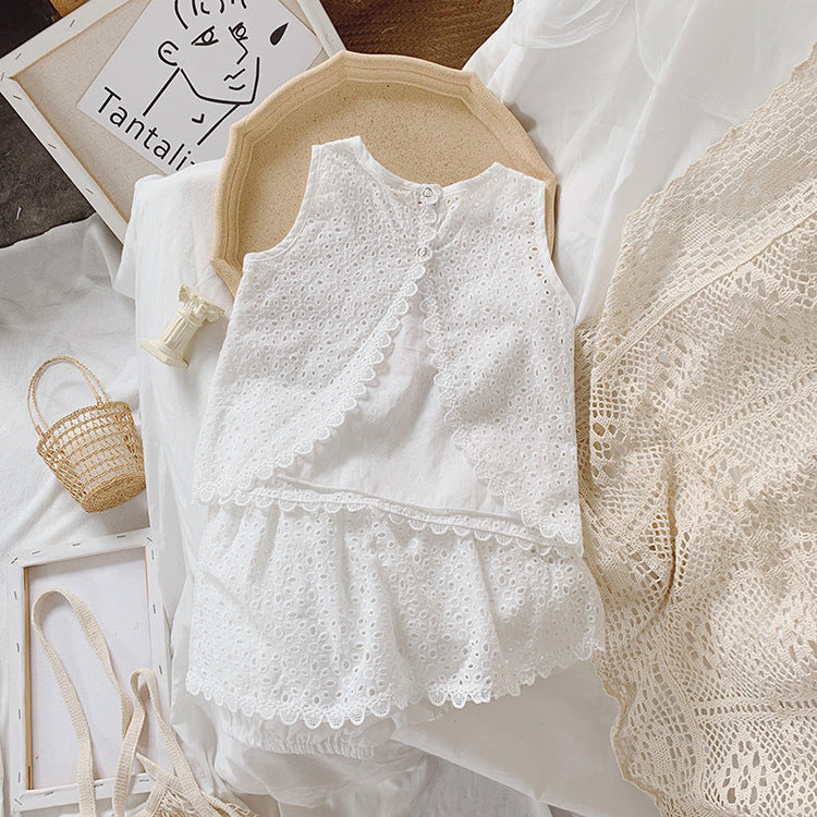 Girls Outfit Set 2026 Summer Clothing Sets Hollow Lace Suit Baby Casual Sleeveless T-shirt+Shorts Kids Clothes Sets Baby Clothes