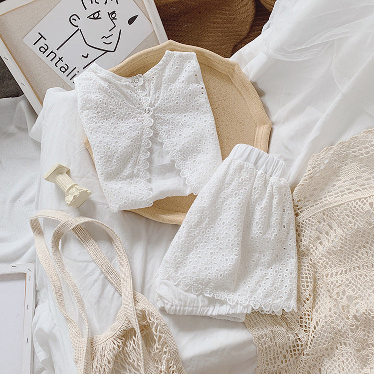 Girls Outfit Set 2026 Summer Clothing Sets Hollow Lace Suit Baby Casual Sleeveless T-shirt+Shorts Kids Clothes Sets Baby Clothes