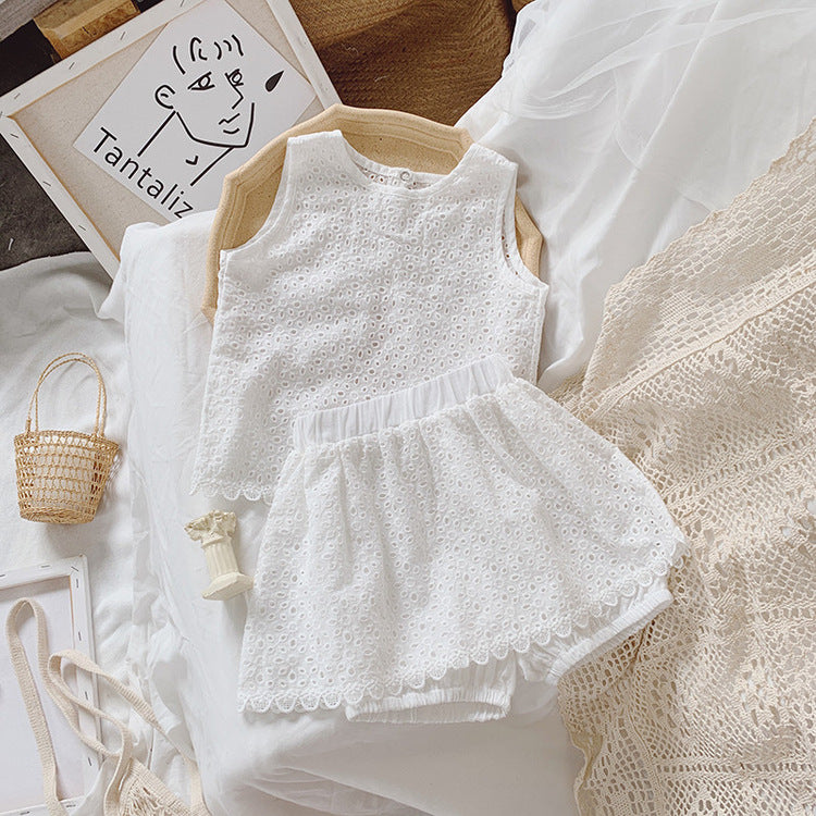 Girls Outfit Set 2026 Summer Clothing Sets Hollow Lace Suit Baby Casual Sleeveless T-shirt+Shorts Kids Clothes Sets Baby Clothes