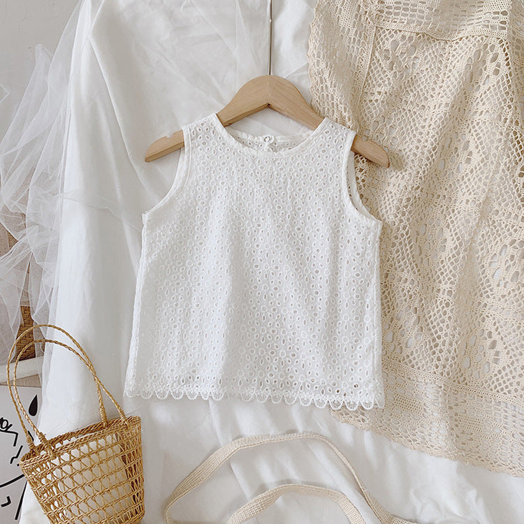 Girls Outfit Set 2026 Summer Clothing Sets Hollow Lace Suit Baby Casual Sleeveless T-shirt+Shorts Kids Clothes Sets Baby Clothes