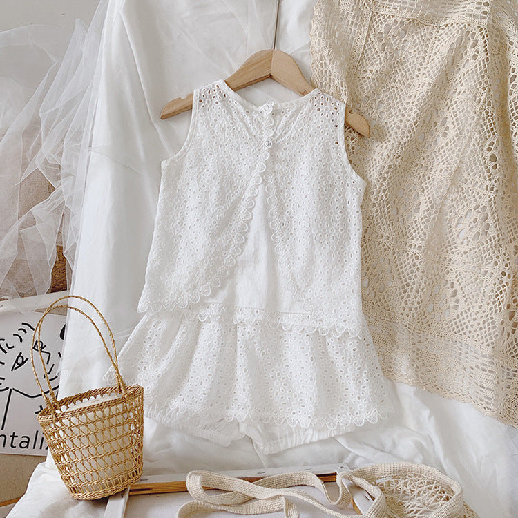 Girls Outfit Set 2026 Summer Clothing Sets Hollow Lace Suit Baby Casual Sleeveless T-shirt+Shorts Kids Clothes Sets Baby Clothes