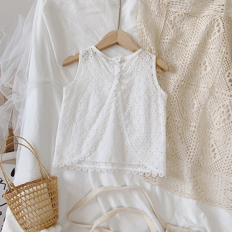 Girls Outfit Set 2026 Summer Clothing Sets Hollow Lace Suit Baby Casual Sleeveless T-shirt+Shorts Kids Clothes Sets Baby Clothes